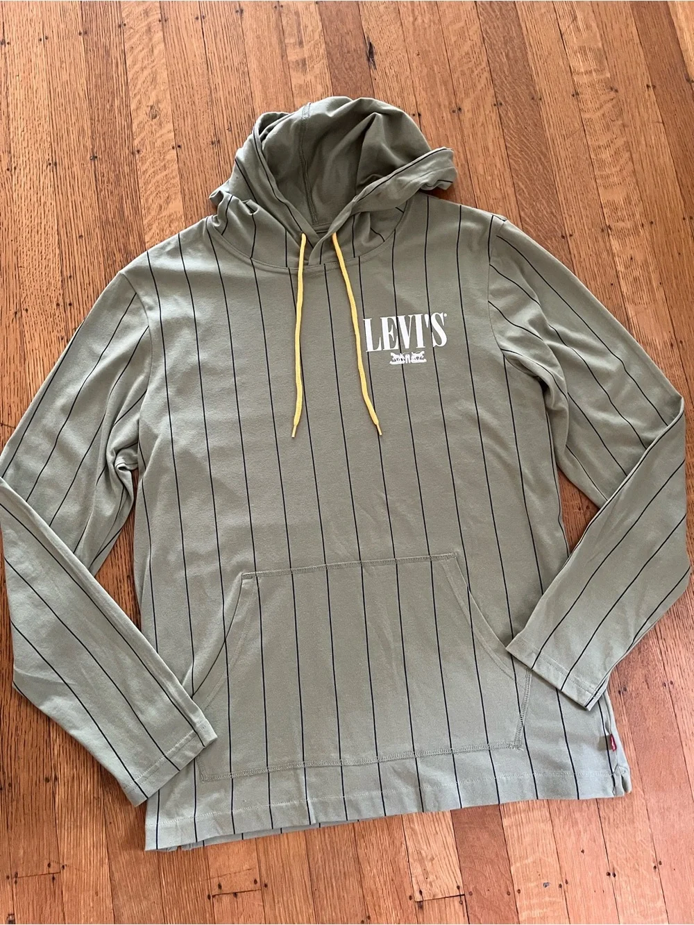 Levi's Olive Green Pinstripe Hooded Pullover with Yellow Drawstrings